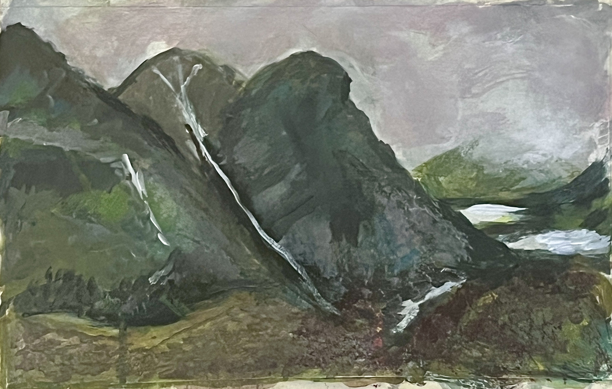 Mountain landscape with dark green slopes and thin white waterfall lines under a grey sky. painting 20x34