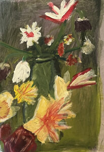 Loose painting of a mixed flower arrangement in a green vase, with yellow, red and white flowers against a muted background. background
